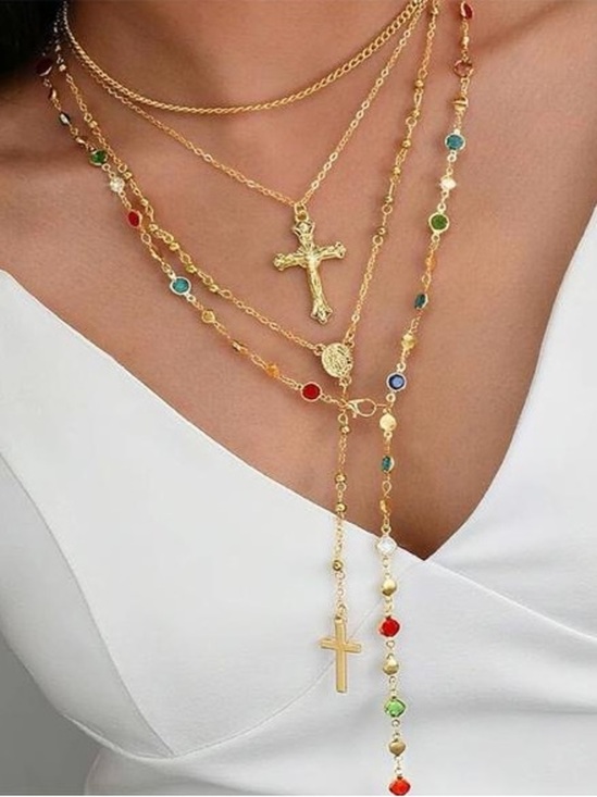 Anthropologie Jewelry - Anthropologie Gold Layered Cross Necklace with Multicolor Stones